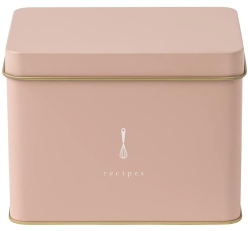 PPP Recipe Tin in Pink | Classic and Neutral | Includes 25 Blank Recipe Cards | Gold Metallic Interior | Food Scales Design Printed | Made from Heavy Steel | Decorative Recipe Box Holder