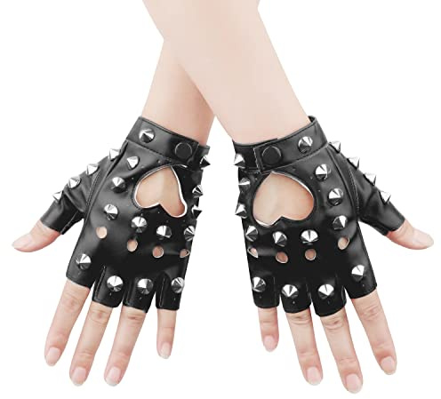 KINBOM 1 Pair Half Finger Leather Gloves, Stylish Fingerless Leather Gloves Rivets Biker Punk Gloves for Halloween Women Girls Cosplay Performance (Black)