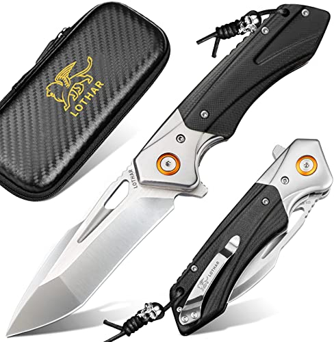 LOTHAR LICH KING Klappmesser, Scharfe Taschenmesser aus D2 Stahl, Einhandmesser mit G10 Griff, Messer Outdoor für Camping & Survival, Geschenke für Männer (Silber)
