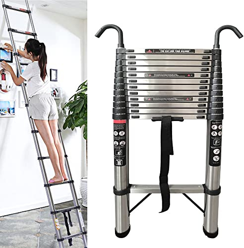 Échelle télescopique multifonction extensible et pliable avec pieds antidérapants et crochets stables, 12 marches réglables, charge maximale 150 kg, EN131