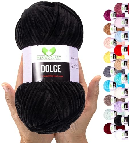 MeriWoolArt Chenille Garn zum Stricken und Häkeln Schwarz - 100 g und 120 m Samt-Wolle - 100% Flauschige Polyester Strickgarn für Amigurumi Kissen Decken weiche Kleidung Geschenke