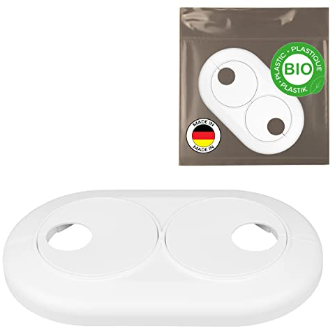 FUX Pack of 3 Organic Double Rosettes 16 mm - 22 mm, Heating Pipe Rosette for Variable Pipe Spacings, Cover, Trim, White Bio-Based Polyethylene (16 mm)