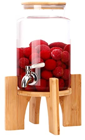 Fria Dispensador de Bebidas frías con dispensador de Bebidas Transparente de Vidrio Spigot con Base de bambú Dispensador de Agua de Gran Capacidad para Fiestas y Uso Diario Garrafa de Agua
