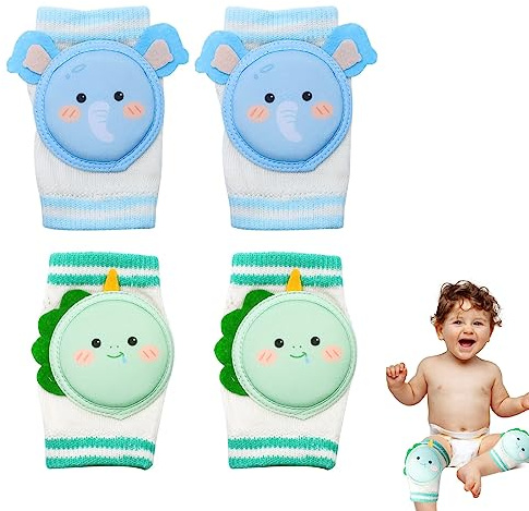 XIXKOLYU® 2 Paar Krabbel-Knieschoner, atmungsaktive Baby-Knieschoner Krabbel-Knieschoner mit Schwamm, rutschfeste Knieschoner Fußsäcke Schutzhülle, Elefant + Dinosaurier