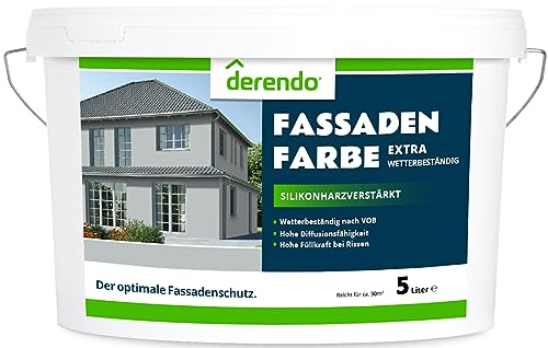 derendo Fassadenfarbe grau 5l mit EXTRA hohem Wetterschutz, matte silikonharzverstärkte Fassaden Farbe, hohe Deckkraft und gute Füllkraft bei kleinen Rissen (Elefantengrau 9-38)