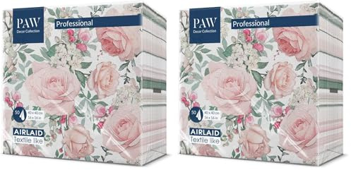 PAW - Servietten aus Airlaid - Stoffähnlich (40 x 40 cm) I 50 Stück I Ideal für Hochzeit, Taufe, Kommunion, Geburtstag I Stoffservietten - Blumen, Rosen I Farbe: Gorgeous Roses (Packung mit 2)