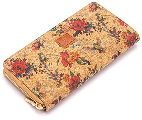 Bunte Welt GELDBÖRSE/Geldbeutel FÜR Damen, Gross VIELE FÄCHER, MIT Reissverschluss, VEGAN, VEGANES Leder, Kork, BUNT, mit Blumen, Vintage, Hagebuttenblüten