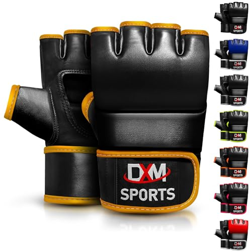 DXM SPORTS MMA Gloves for Men & Women, Martial Arts Bag Gloves, Kickboxing Gloves with Open Palms, Boxing Gloves for Punching Bag, Sparring, Muay Thai, MMA (Gold, L)