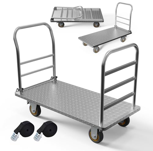 Platform Truck Cart with Detachable Baffle Guardrail,Heavy Duty 48x24 Inch Flatbed Cart with 2000 LBS Weight Capacity and 6In Swivel Caster Transporting Heavy Loads and Barrel with Ease & Efficiency