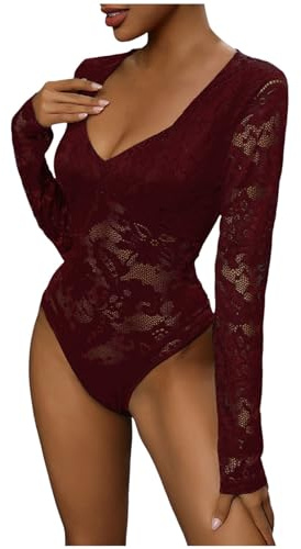 KBOPLEMQ Body de encaje elegante de manga larga con cuello en V para mujer, body de malla elegante y moldeador con cuello de tortuga, lencería sexy, body de manga larga, top largo para mujer, body de