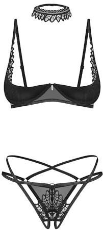 Selente Love & Fun Sensual Conjunto de lencería de 3 piezas: sujetador, tanga y exclusivo venda para ojos de satén. Fabricado en la UE., M/L