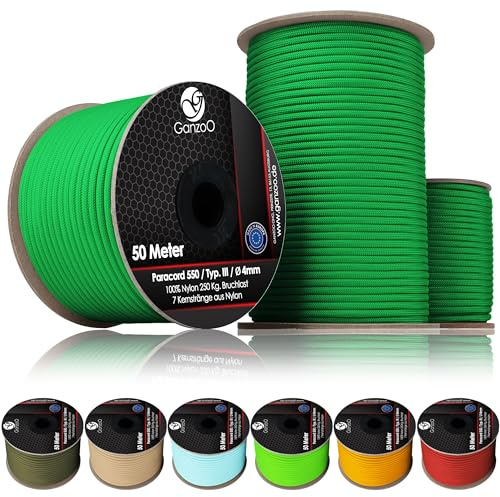 Ganzoo Corda paracord 550 verde, 30 m su rotolo, 4 mm, nylon 100%, tipo 3 con 7 fili interni e guaina intrecciata 32 trecce, per tiranti tenda e telone, fissaggi, bracciali e lanyard, guinzagli cane