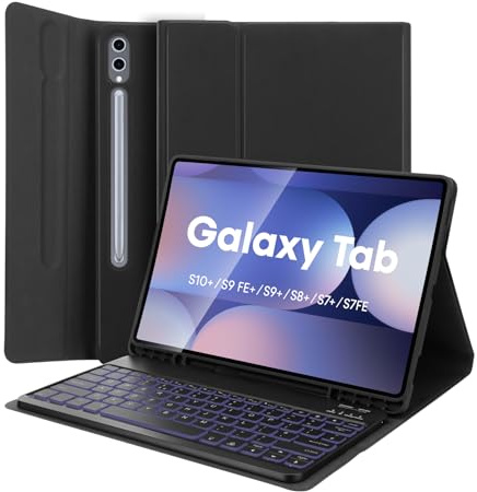 MAYPHY Tastaturhülle mit Hintergrundbeleuchtung für Samsung Galaxy Tab S10+/S9 FE+/S9+/S8+/S7 FE/S7 Plus 12,4 Zoll, 7-farbige abnehmbare Tastaturhülle für Samsung Galaxy Tab 12,5 Zoll, mit