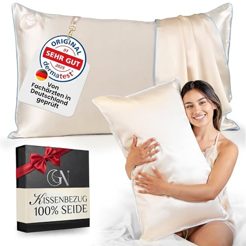 Seidenkissenbezug 40x80 100% Seide für Haut und Haar | Höchste Klasse 6A, 22 Momme | Von Dermatologen Zertifiziert | Seidenkissen | Silk Pillowcase 40x80 (Light Champagne – Rand in Himmelblau)