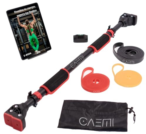 CAEMI Barra dominadas pared ajustable 72-110 cm, hasta 200 kg, Barra de dominadas puerta sin tornillos, Pull up bar dominadas calistenia en casa con bandas elásticas y ebook