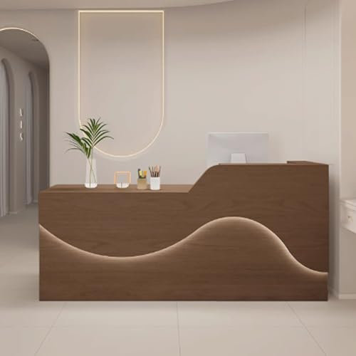 GUQASDV Empfangstheke Rezeption, Empfangstresen für Praxis, Reception Desk Modern, Bürotheke Reception Tisch Holzwerkstoff mit Sanfter und Entspannender Beleuchtung(Light Brown,140cm)