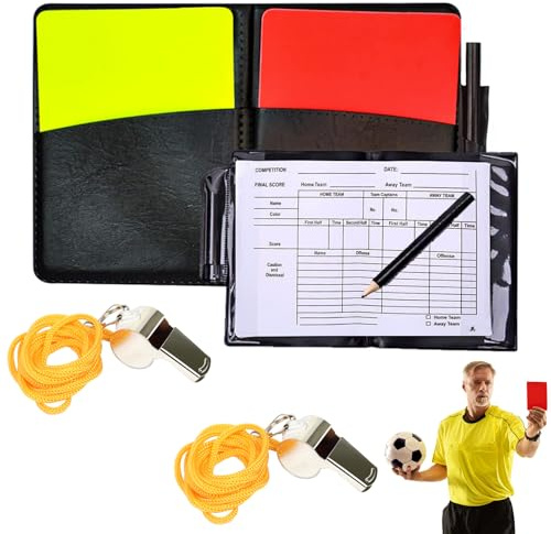 EHIOG Set da Arbitro per Calcio – Carte Rosse e Gialle, 2 fischietti in Acciaio Inossidabile, Custodia Nera con 5 Blocchi per rapporti di Gara e Una Matita – Ideale per scuole, Club e Allenatori