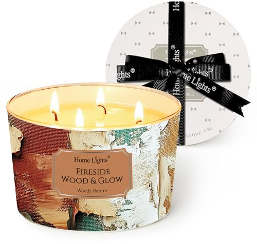 HomeLights Velas de 4 mechas para el hogar Vela de mezcla de cera de soja de 18oz con fragancia duradera, decoración industrial chic del hogar y regalos de inauguración, Madera Chimenea y Brillo