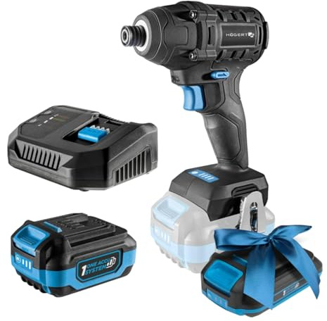 HÖGERT TECHNIK Juego de destornilladores de impacto inalámbricos, 18 V, 200 Nm, par de torsión, batería de 4,0 Ah, cargador de 4 A, maletín, motor sin escobillas, iluminación LED, protección contra