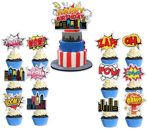 MHDAMAI Topper de Gâteau,Superhero Cupcake Toppers Drapeau des Cure-Dents 13 Pièces Décorations de Gâteau d'anniversaire pour Les Enfants Anniversaire Bébé Douche Fête de d'anniversaire Mariage