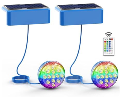 LED ATOMANT Pack 2x Luces solares para piscinas sin instalacion LED 2,6W RGB IP68, Cable 1m, Fijacion con adhesivo o tornillos, Luz solar piscina sumergible para decoracion, Iluminacion impermeable