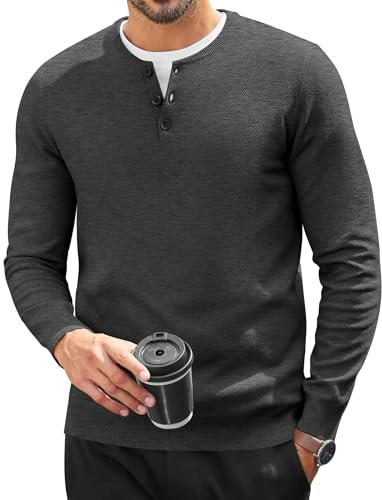 COOFANDY Camisa Henley Hombre Manga Larga Camisetas Básicas para Hombres Botonadura Camisa Manga Larga Camiseta Color Liso Jersey Corte Regular