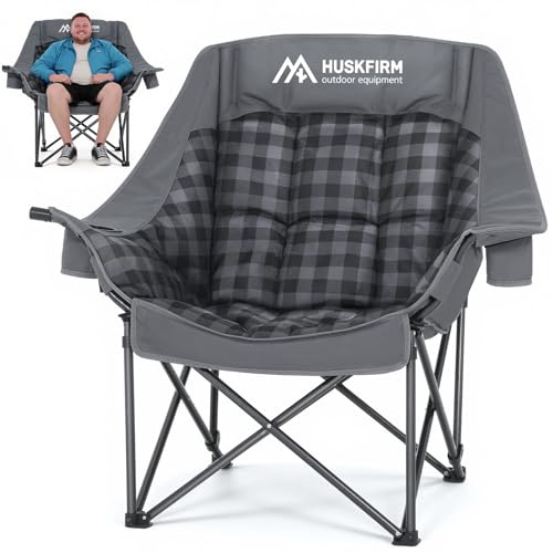 Huskfirm Oversized Camping Chairs for Adults Folding Padded Camping Chair Heavy Duty XL Camping Chair - 400LBS Support Lawn Chairs for Outdoor Sports Beach Fishing with Cup Holder & Carry Bag