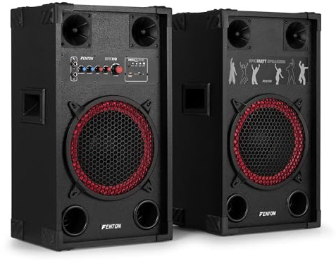 Fenton SPK-110 PA Anlage Aktiv Komplettset 600 Watt – Party Lautsprecher Paar mit Bluetooth & USB – DJ Anlage Boxen Musik – 10 Woofer Standlautsprecher – Musikbox Groß für Karaoke & Events