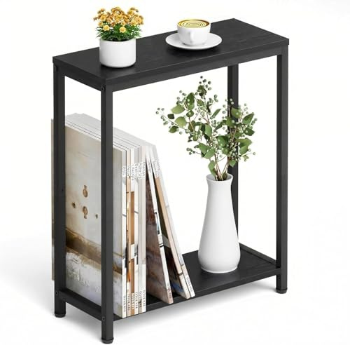 MISSLO Beistelltisch Couch, Kleiner Tisch mit Metallgestell, Schmaler Nachttisch für Wohnzimmer, Schlafzimmer, Sofa, Kaffee, Schwarz