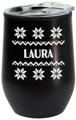 Herz & Heim® Personalisierter Thermobecher für den Winter – Edelstahlbecher für Glühwein, Tee & Kaffee – Isolierbecher mit winterlichen Motiven & Name – 350 ml (Strick, Schwarz)