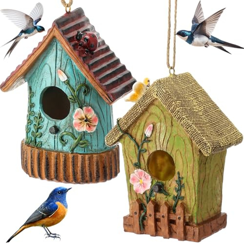 DoubleFill 2 Pcs Decorative Birdhouse for Outdoor Hanging Bird Houses for Outside Colorful Decorative Cute Resin Birdhouses for Outside Indoors Garden Backyard Decor, Gift for Bird Lovers (Simple)