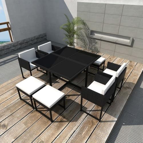 Hoopleep 9-TLG. Garten Essgruppe für 8 Personen, Poly Rattan Schwarz, mit Auflagen, wetterfest, für Terrasse und Outdoor Möbel