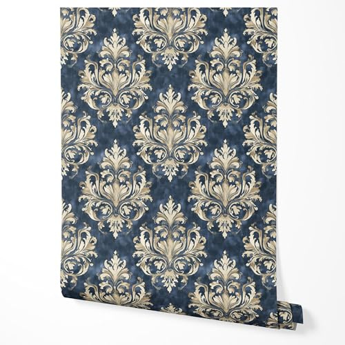 GP TONER Papier peint intissé baroque bleu beige motif ornemental élégant style classique décoration murale salon chambre cuisine couloir papier peint résistant à la lumière 5m x 0,5m