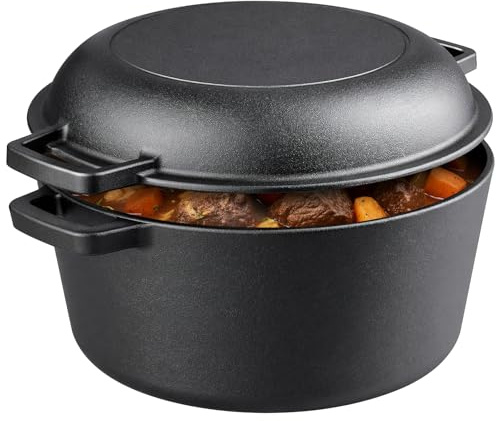 Faitout hollandais 2 en 1 en fonte de 5 QT pré-assaisonné avec couvercle de poêle de 1,6 QT, cocotte lourde pour cuisson, rôtir, pour l'intérieur et l'extérieur