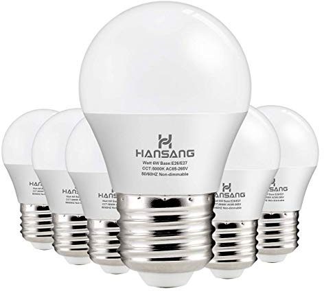 hansang A15 LED E26 Small Light Bulb, Daylight 5000K, 60Watt Equivalent Ceiling Fan Light Bulbs, E26 Standard Base Appliance Light Bulb, 600 Lumen, CRI85+, Eye Protection, 120V, Non-Dimmable 6 Pack