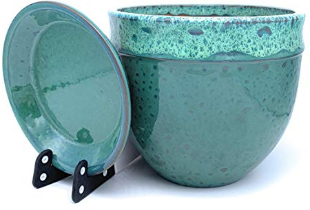 Sun Cakes Ceramic Plant Pot Glazed with Saucer Round Terracotta with Drip Tray Flower Pot Clay Coloured Flower Pot Bella (14cm x 12cm, Green)