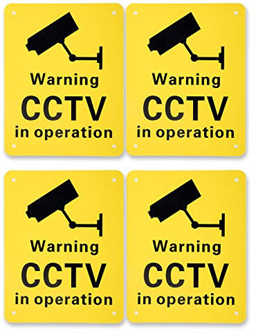 LIFEGREEN 4 Pack Pre-Drilled CCTV Warning Signs, Plastic, 150 x 190 mm, Black, Sign, Functional