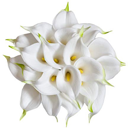 DuHouse 20 fiori artificiali di calle, realistici al tatto, in lattice, per bouquet di nozze, feste, decorazioni per la casa (nucleo bianco-giallo)