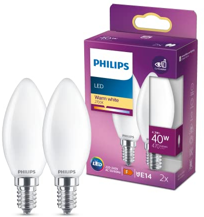 Philips ampoule LED Flamme E14 40W Blanc Chaud Dépolie, Verre, Lot de 2