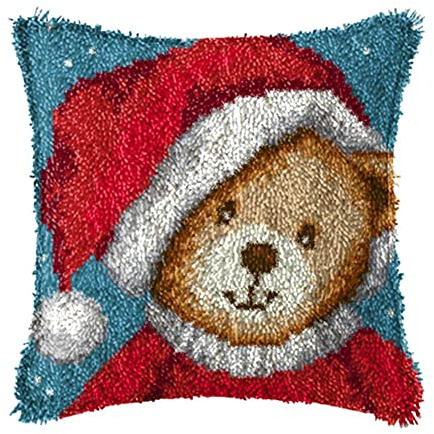 LAPATAIN Latch Hook Kits for DIY Throw Pillow Cover,Red Hat Bear Needlework Cushion Cover Hand Craft Crochet 17x17inch