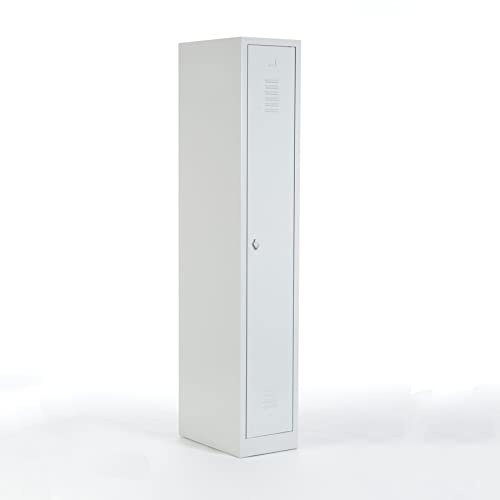 Schrank & Stuhl Spind – Metallspind mit einem Abteil in 180 x 31,5 x 50 cm, Schließfachschrank mit Hutboden & Drehriegelverschluss, Lieferung komplett montiert, Grau