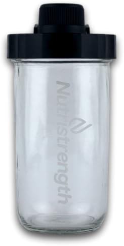 Nutristrength Protein Shaker Cup Water Bottle New Lid Design - 20oz Glass Water Bottle Black Lid | Includes Wire Ball for Smooth Shakes