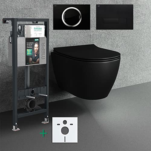 Spülrandloses Hänge WC Komplettset I schwarz matt I randloses Wand WC mit Mepa nextVit Spülkasten I Tiefspül WC I Deckel mit Absenkautomatik I Hänge Toilette mit Orbit Drückerplatte Vorwandelement
