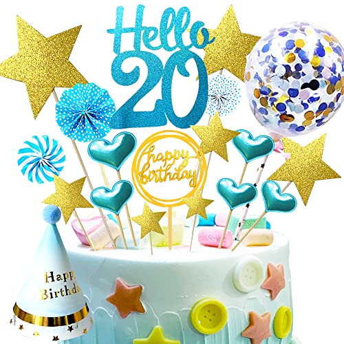 20.Geburtstag Kuchen Dekoration,Konfetti Luftballon und Papierfächer Kuchendeko Geburtstagstorte Topper,Happy Birthday Cake Topper (20)