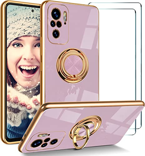 ATISIJIE Funda para Xiaomi Redmi Note 10 4G / 10S Carcasa con 2 Protectores de Pantalla, Silicona Estuche Ultrafino Anti-caída para Niña, Soporte Giratorio 360° Soporte Magnético para Coche Violeta