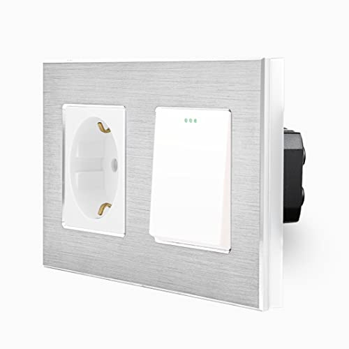 Luxus-Time Wipp 1-Fach Wechsel Lichtschalter Ein/Aus + Steckdose inkls. Design Aluminium Rahmen 2 Fach Einbau Kippschalter mit Einbausteckdose für die Unterputzdose in weiß Silber
