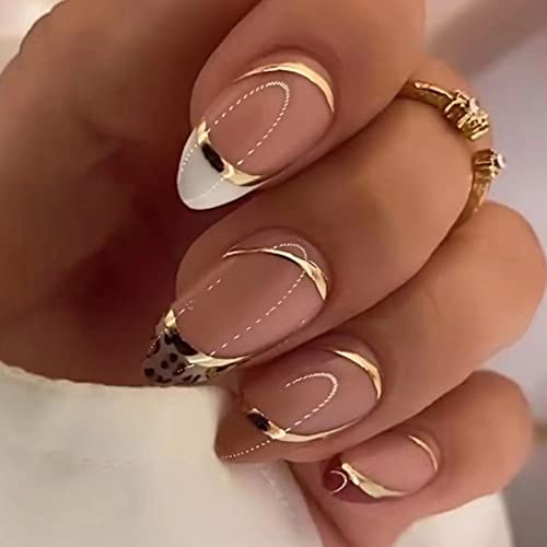 24 Stück Falsche Nägel Mandel Kurz, Glänzend Nägel Zum Aufkleben French Tip Kunstnägel Press on Nails mit Leopardenmuster Design, Acryl Künstliche Nägel Fingernägel Fake Nails für Frauen und Mädchen