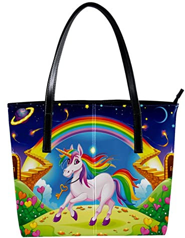 Schultertasche, leicht, lässig, Schultasche, Lehrertasche, Handtasche, Geldbörse, buntes Einhorn, Regenbogen, Blume, Sterne, Planet, Mehrfarbig