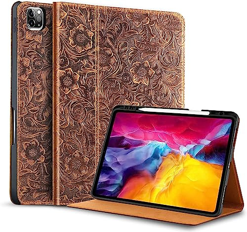 Gexmil Leder Hülle für iPad Pro 12.9 6./5./4./3. Gen,2022/2021/2020/2018 | Premium Echtleder Cover/Flip mit Stifthalter,Auto Schlaf/Aufwachen,Schutzhülle Einstellbarer Ständer,Stoßfest,Blume Braun