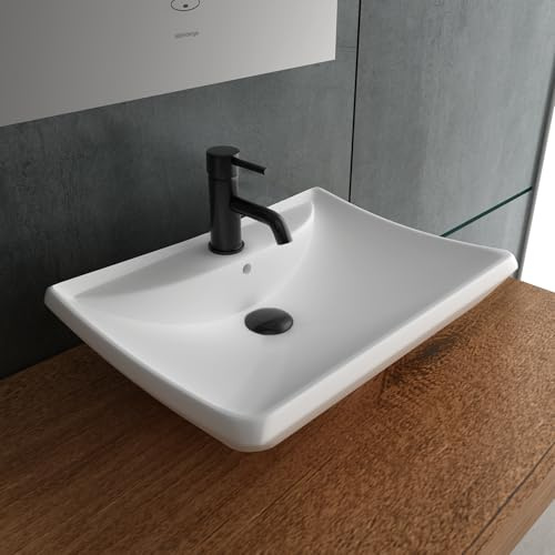 Alpenberger Waschbecken 60 cm Breit | Aufsatzwaschbecken Eckig | Hängewaschbecken | Keramik Waschtisch mit Nano | Handwaschbecken Klein Gäste WC und Badezimmer (WB-662)